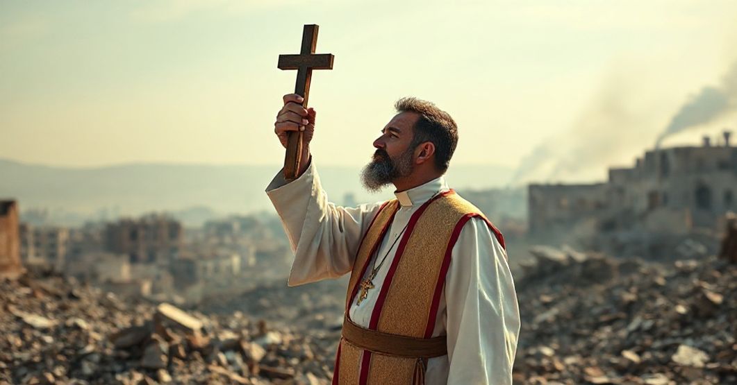 Ksiądz katolicki w tradycyjnych szatach liturgicznych trzyma krzyż w zniszczonym Libanie