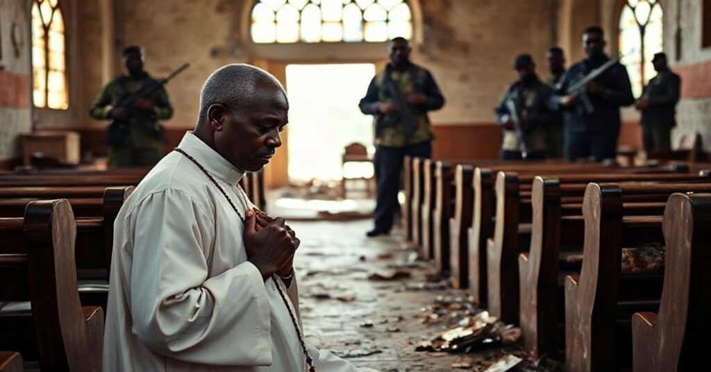 Kneeling Catholic priest in Nigeria praying amidst ruins of bombed church with Fulani militants in background.
