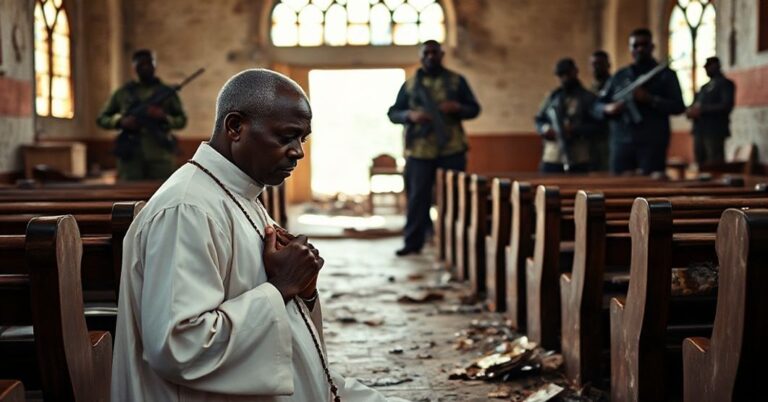 Kneeling Catholic priest in Nigeria praying amidst ruins of bombed church with Fulani militants in background.