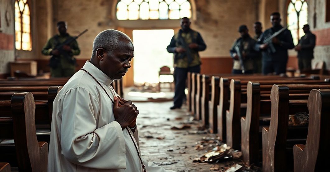 Modlitwa katolickiego księdza w zniszczonym kościele w Nigerii Kneeling Catholic priest in Nigeria praying amidst ruins of bombed church with Fulani militants in background.