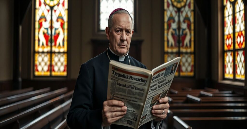 Katolicki księży w tradycyjnym strój kapłańskim stoi w opuszczonym kościele, trzymając numer Tygodnika Powszechnego z kontrowersyjnym artykułem. Ciemna sceneria podkreśla upadek moralny i zanik wiary.