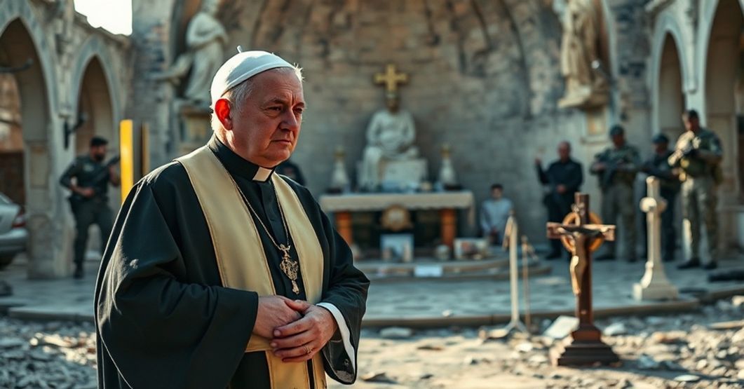 Katolicki księż w tradycyjnych szatach modli się przed zniszczonym kościołem w Strefie Gazy, z bojówkami Hamasu na tle. Scena odzwierciedla prześladowania chrześcijan i brak moralnego stanowiska wobec terrorystów.