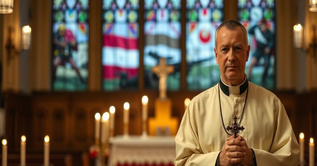 Ksiądz katolicki w tradycyjnych szatach modląc się przed witrażem przedstawiającym konflikt zbrojny w Iranie.