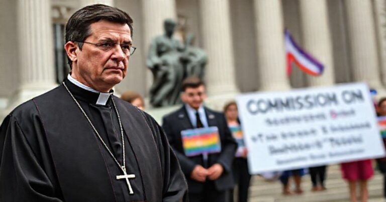 Katolicki księż w tradycyjnych paramencie stoi przed budynkiem rządu stanowego Massachusetts, exprsując zaniepokojenie wobec wprowadzania komisji ds. transpłciowych. Na tle widoczne są aktywiści z flagami LGBT i usuwanie figur świętych.