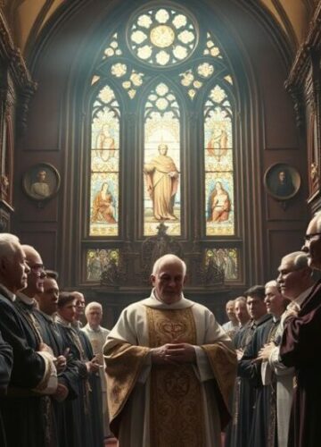 Scena w tradycyjnej katolickiej świątyni z duchownymi i krytyką modernizmu Zdjęcie realistycznej, pełnej szacunku sceny w tradycyjnej katolickiej świątyni, ukazujące duchownych w liturgicznym stroju, symbolizujące sprzeciw wobec modernistycznych tendencji w Kościele.