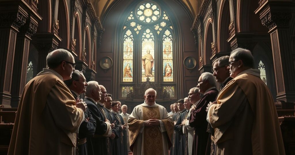 Zdjęcie realistycznej, pełnej szacunku sceny w tradycyjnej katolickiej świątyni, ukazujące duchownych w liturgicznym stroju, symbolizujące sprzeciw wobec modernistycznych tendencji w Kościele.