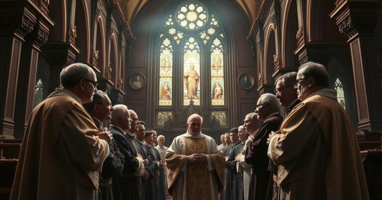 Zdjęcie realistycznej, pełnej szacunku sceny w tradycyjnej katolickiej świątyni, ukazujące duchownych w liturgicznym stroju, symbolizujące sprzeciw wobec modernistycznych tendencji w Kościele.