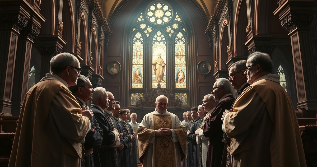 Scena w tradycyjnej katolickiej świątyni z duchownymi i krytyką modernizmu Zdjęcie realistycznej, pełnej szacunku sceny w tradycyjnej katolickiej świątyni, ukazujące duchownych w liturgicznym stroju, symbolizujące sprzeciw wobec modernistycznych tendencji w Kościele.