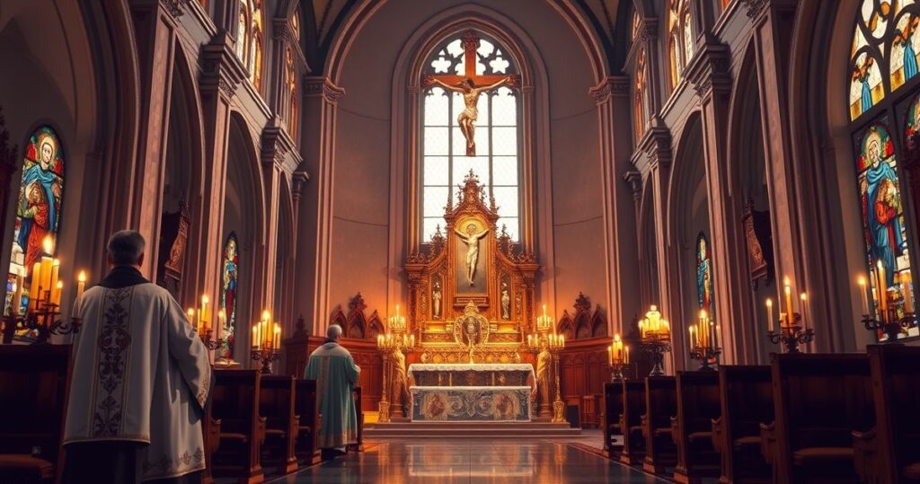 Obraz przedstawiający tradycyjną katolicką świątynię z kapłanami w vestmentach podczas liturgii, ukazujący autentyczną pobożność i odrzucenie modernistycznych wpływów