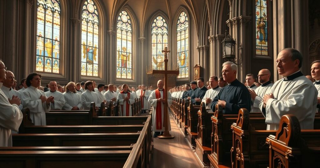 Reverent, realistic scena w tradycyjnej katolickiej świątyni z duchownymi w sutannach, ukazująca powagę i jedność Kościoła, symbolizująca konieczność powrotu do prawowitego nauczania, bez surrealizmu i symbolicznych elementów