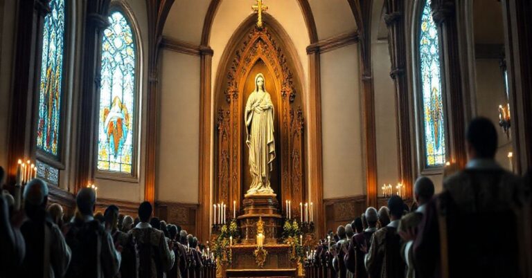 Rewersyjna scena w katolickim kościele przedstawiająca drewnianą figurę Matki Bożej Montserrat w tradycyjnej, sakralnej atmosferze z duchownymi w modlitewnym skupieniu