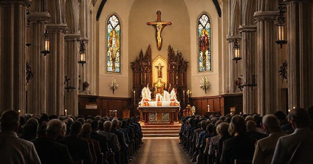 Solemne wnętrze kościoła katolickiego z modlącymi się wiernymi i kapłanem w ornacie