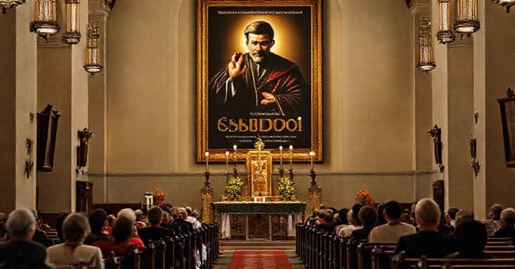 Grupa katolików modli się w tradycyjnym kościele z obrazem filmu "Santo Subito!" w tle.