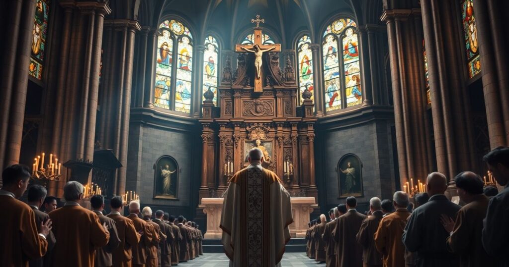 Zdjęcie realistycznego kapłana w tradycyjnych szatach podczas liturgii, wyrażającego powagę i wierność katolickiej wierze, w kontrastach z nowoczesnym modernizmem w Kościele