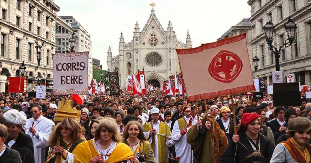 Katolicki marsz pod hasłem 'Chrystus Król' przeciw rewolucji anarchistycznej Pielgrzymka katolicka pod hasłem 'Chrystus Król' przeciwko protestom 'No Kings' w Chicago