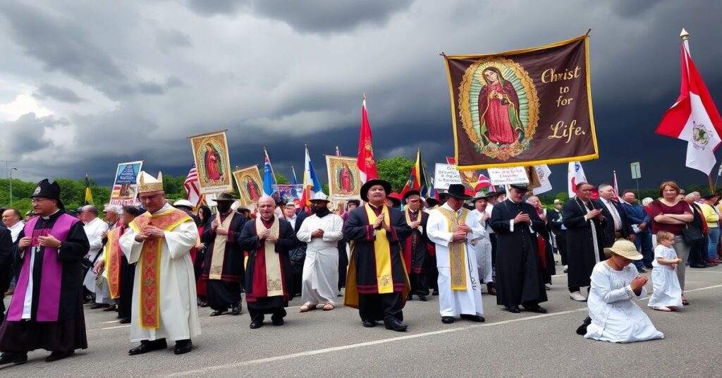 Pielgrzymka katolicka z obrazami Chrystusa Króla i Matki Boskiej Guadalupe podczas Marszu dla Życia w Wirginii w 2026 roku.
