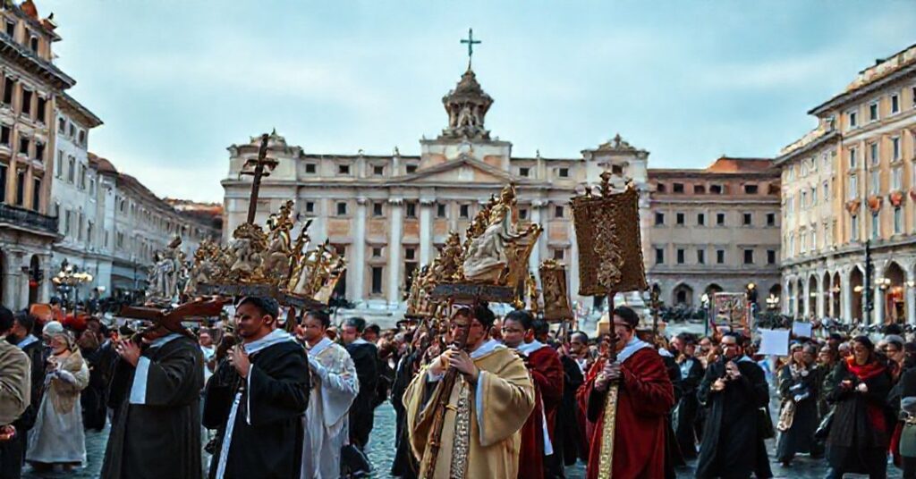 Katolicki marsz w Rzymie z tradycyjnymi statuami i transparencjami w tle placu z napisem 'Miejskie Sanktuarium Piękna'