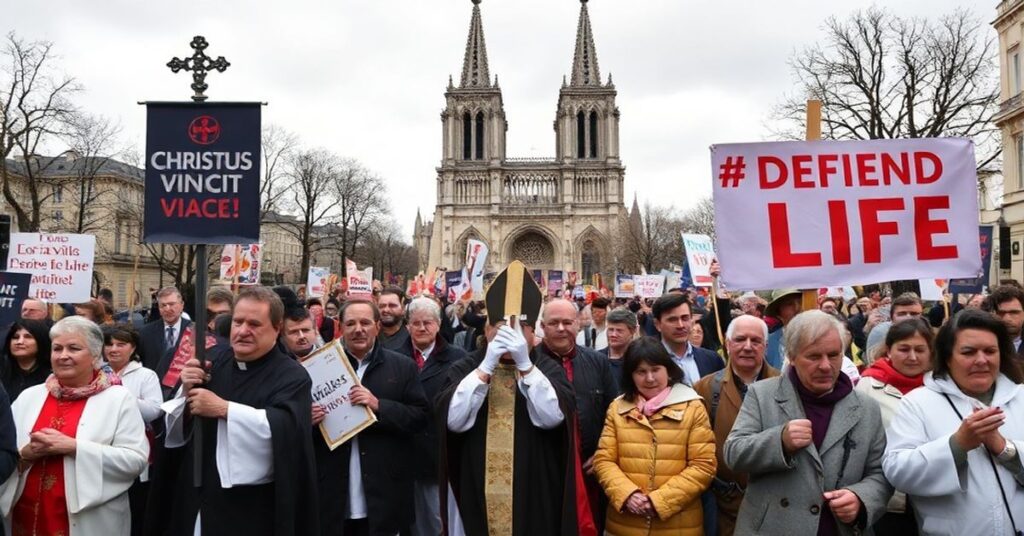 Pieszy marsz katolickich wyznawców w Paryżu z transzy "Chrystus Zwyciężył" i "Obrońcy Życia" na tle katedry Notre-Dame.
