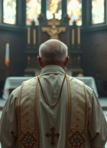 Katolicki męczennik w obliczu prześladowań modernistycznego państwa Obraz katolika w tradycyjnym stroju stojącego w kościele, symbolizujący męczeństwo i wiarę wobec prześladowań modernistycznego państwa względem obrońców życia