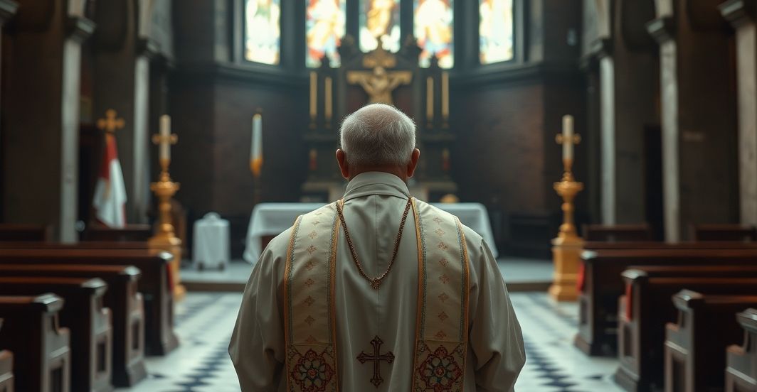 Obraz katolika w tradycyjnym stroju stojącego w kościele, symbolizujący męczeństwo i wiarę wobec prześladowań modernistycznego państwa względem obrońców życia