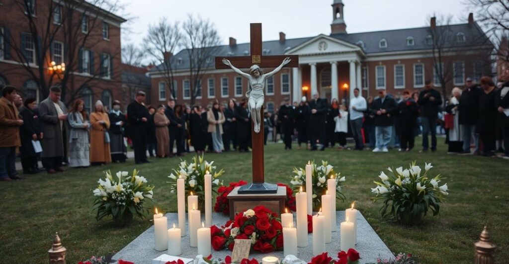 Rekonstrukcja katolickiego memorialu na kampusie, ukazująca powagę i szacunek wobec prawdziwego męczeństwa w wierze, z krzyżem i modlącymi się osobami