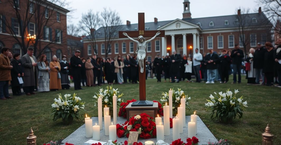 Memoriał katolicki na kampusie dla prawdziwych męczenników wiary Rekonstrukcja katolickiego memorialu na kampusie, ukazująca powagę i szacunek wobec prawdziwego męczeństwa w wierze, z krzyżem i modlącymi się osobami