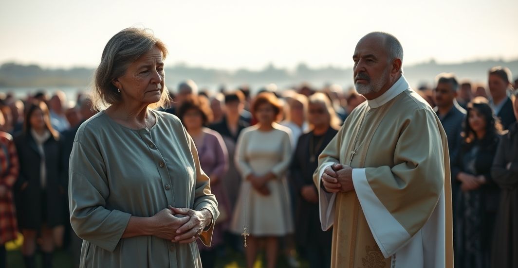 Religijna scena upamiętniająca w katolickim stylu Rekonstrukcja katolickiego nabożeństwa upamiętniającego, z pokorną wdową, kapłanem w tradycyjnych szatach i wiernymi, podkreślająca powagę i duchową głębię wydarzenia