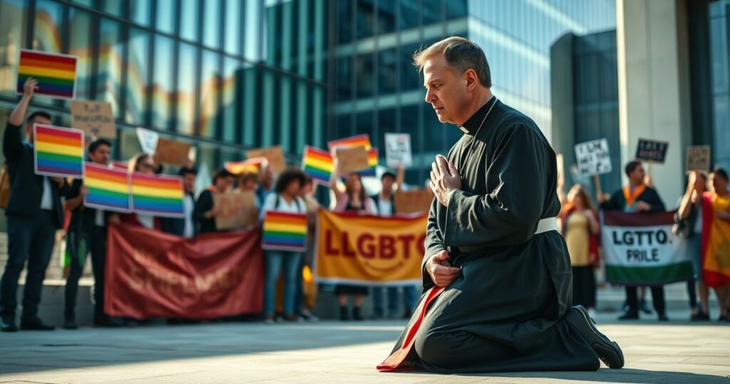 Rektor katolickiego mężczyzna modli się przed nowoczesnym kampusem uniwersyteckim, podczas gdy protestujący obrażają i wykrzykują bluźnierstwa, ukazując duchową walkę i odwrócenie od prawdziwej katolickiej nauki