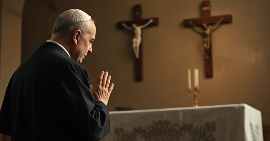 Catholic mężczyzna modlący się przy ołtarzu, symbolizujący wierność Bogu w walce z kompromisami politycznymi w sprawie ochrony życia.