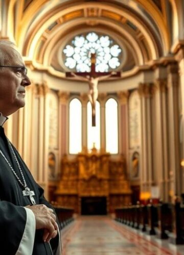 Katolicki mężczyzna w modlitwie w sanktuarium – krytyka modernistycznej duchowości Szczegółowy obraz katolika w kościele, modlącego się przy krzyżu, wyrażający głęboką wiarę i krytykę współczesnych zmian w Kościele