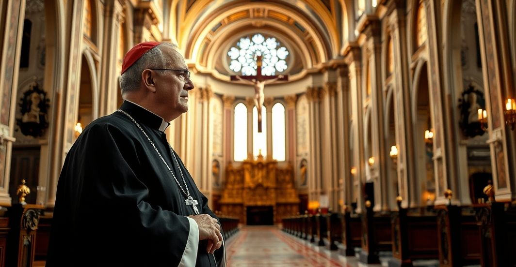 Szczegółowy obraz katolika w kościele, modlącego się przy krzyżu, wyrażający głęboką wiarę i krytykę współczesnych zmian w Kościele