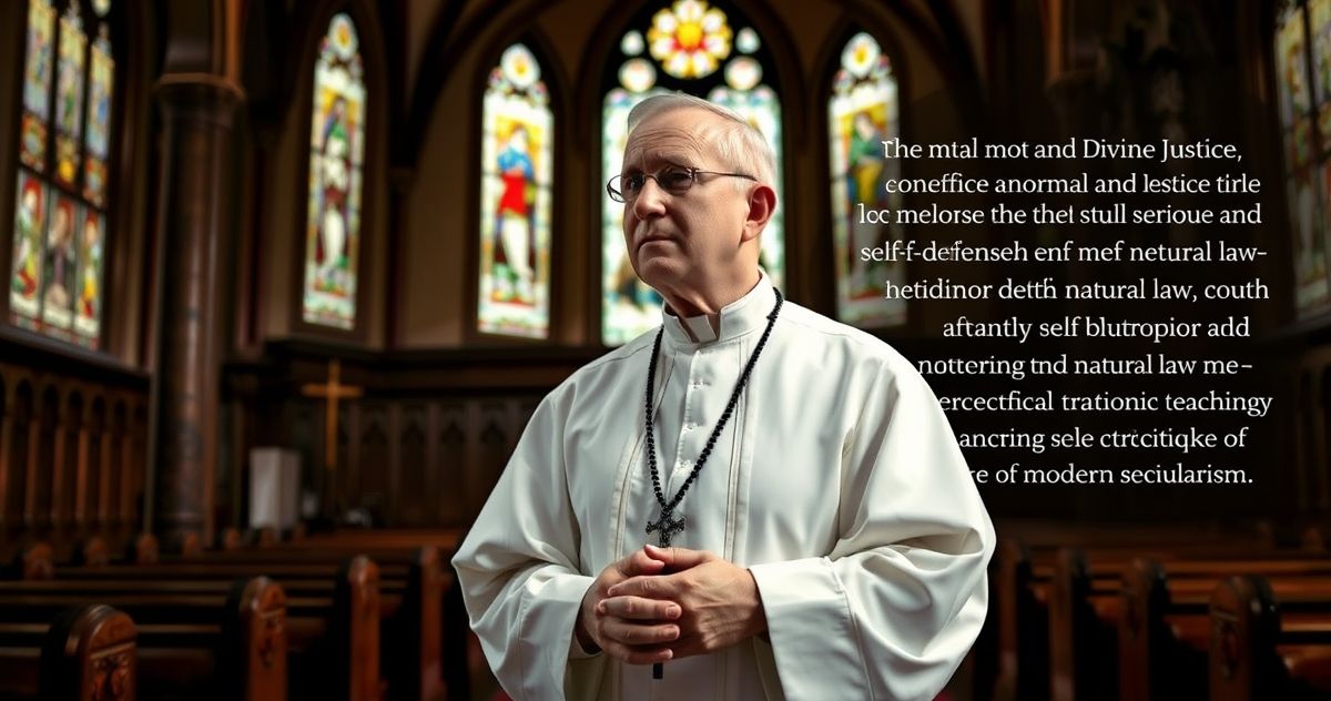 Katolicki mężczyzna w modlitwie w świątyni - tradycyjne nauki o obronie i moralności Katolicki mężczyzna w modlitewnym skupieniu w świątyni, na tle witraży, symbolizujący tradycyjne nauki Kościoła o obronie i moralności, krytyczny wobec nowoczesnych relatywistycznych praw.