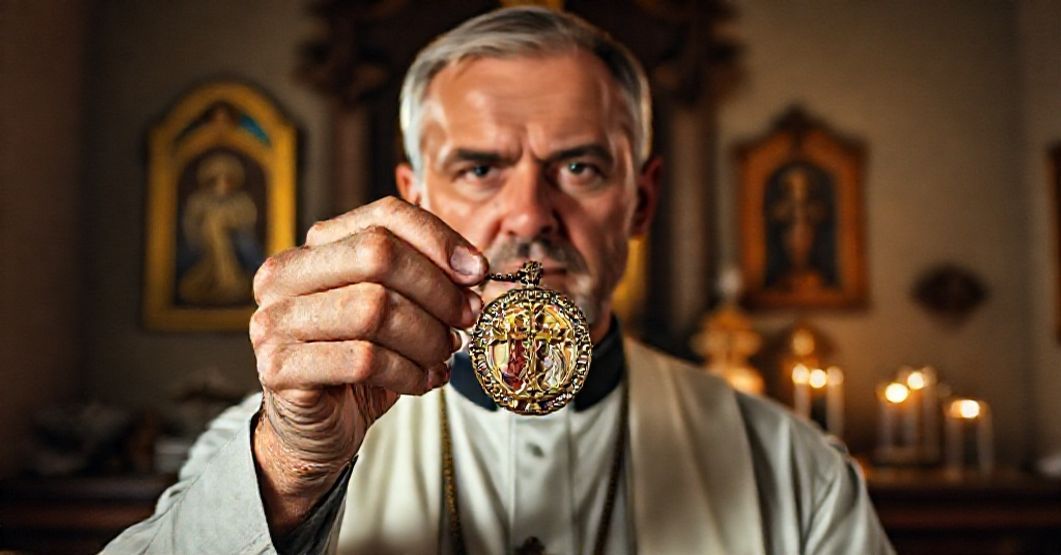 Poważny katolicki mężczyzna trzymający oryginalny Medaliki św. Katarzyny Labouré w tradycyjnym kościele.