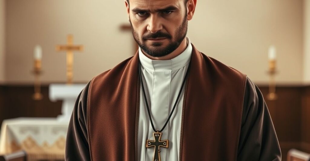 Konserwatywny katolicki mężczyzna w kościele, noszący brązowy szkaplerz z poważnym wyrazem twarzy, symbol pobożności i czujności religijnej
