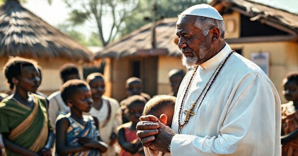 Tradycyjny katolicki misjonarz w bialym orzecie, karmiący chłopca w afrykańskiej wsi