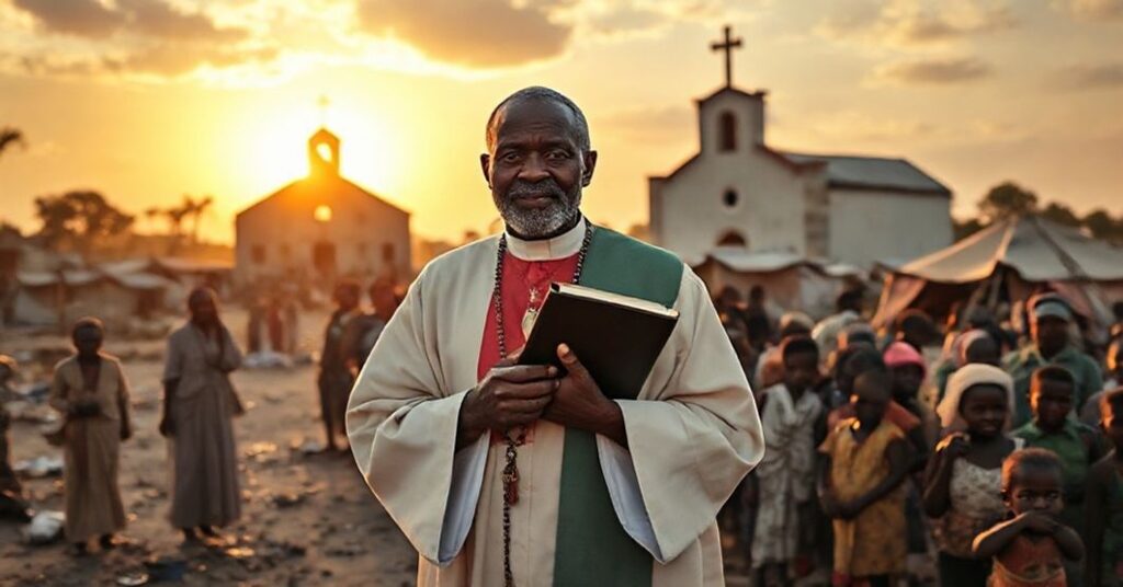 Zdjęcie przedstawiające katolickiego misjonarza pomagającego przesiedleńcom w Mozambiku po wojnie w Cabo Delgado.