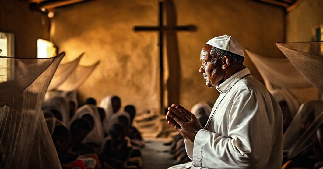 Katolicki misjonarz w habitach modli się w afrykańskiej klinice wśród chorych dzieci pod moskitierami. Na tle widnieje krzyż misyjny i zarys pojazdu organizacji humanitarnej.