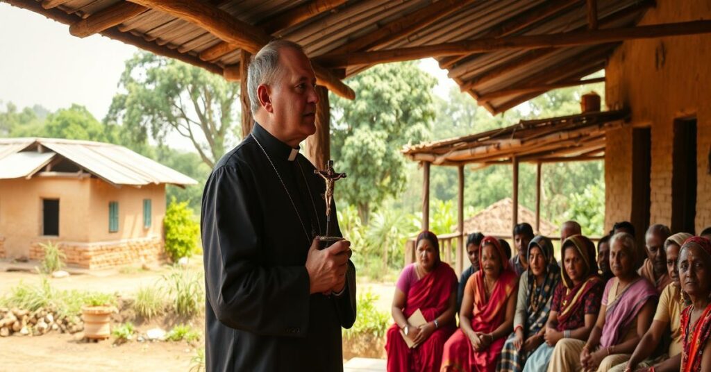 Katolicki ksiądz w tradycyjnym ornatyca stoi w wiosce indyjskiej i mówi do mieszkańców o zagrożeniach związanych z małżeństwami nieletnich.