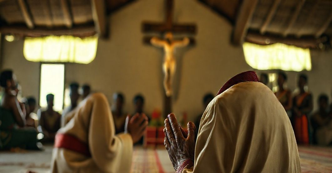 Tradycyjny katolicki misjonarz w modlitwie przed krzyżem, symbolizujący prawdziwą misję ewangelizacyjną.