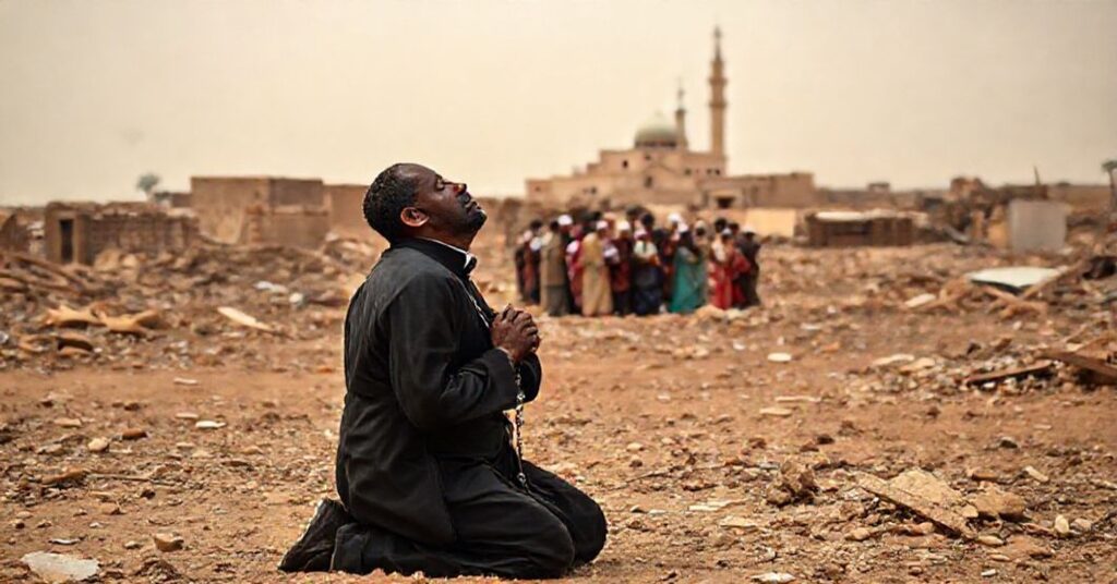 Scena w Sudanie w 2025 roku: katolicki misjonarz modli się w ruinach zniszczonej wsi.