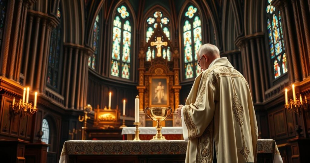 Katolicki duchowny w tradycyjnej szacie odprawia Mszę w historycznym kościele, ukazującą głęboką pobożność i wierne odwołanie do nauki Kościoła.