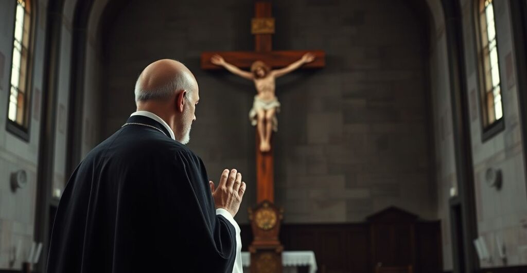 Reverentny katolicki mężczyzna modli się przed krucyfiksem w kościele jako symbol wiary i moralnej autorytetu w obliczu apostazji