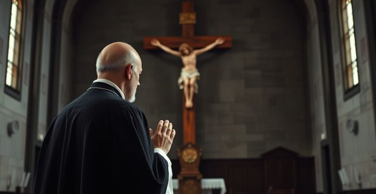 Reverentny katolicki mężczyzna modli się przed krucyfiksem w kościele jako symbol wiary i moralnej autorytetu w obliczu apostazji