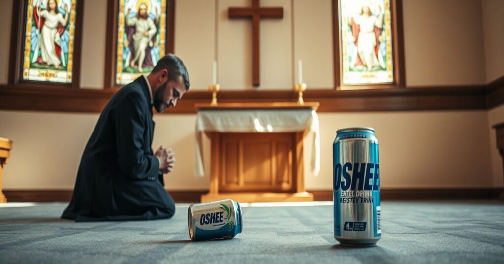 Mężczyzna w tradycyjnym stroju katolickim modli się w kaplicy przed prostym ołtarzem, z porzuconym napojem energetycznym OSHEE air na pierwszym planie.