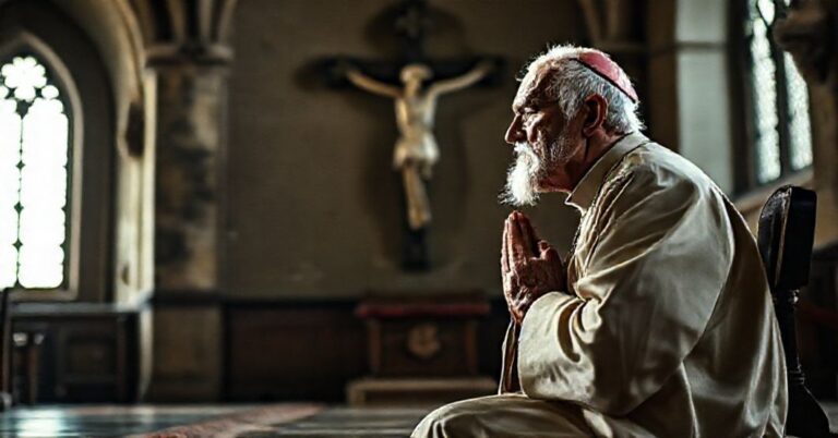 Starszy katolicki mężczyzna w tradycyjnym stroju modląc się przed krzyżem w kościele, symbolizujący moralny upadek Francji.