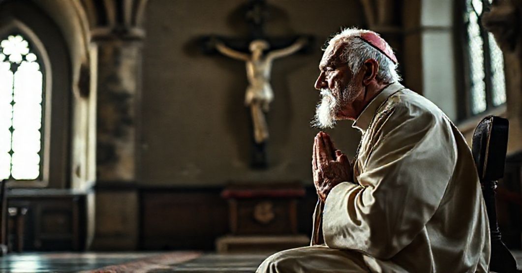 Starszy katolicki mężczyzna w tradycyjnym stroju modląc się przed krzyżem w kościele, symbolizujący moralny upadek Francji.