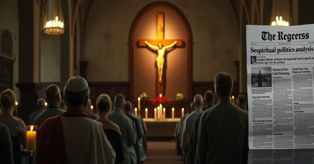 Grupa katolików modli się w kościele przy świetle świec z krzyżem w tle, refleksja nad świecką polityką