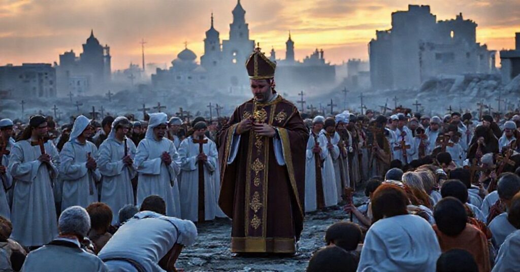 Tradycyjne katolickie nabołeęstwo w ruinach miasta po wojnie, z duchownymi w szatach liturgicznych i wiernymi z krzyżami.