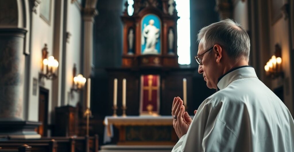 Fotografia realistyczna katolika modlącego się przed ołtarzem w tradycyjnym kościele, ukazująca głęboką pobożność i szacunek dla sakramentów