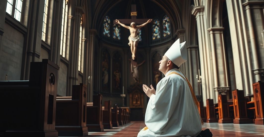 Reverent Catholic mężczyzna modlący się w kościele, symbolizujący autentyczną wiarę katolicką